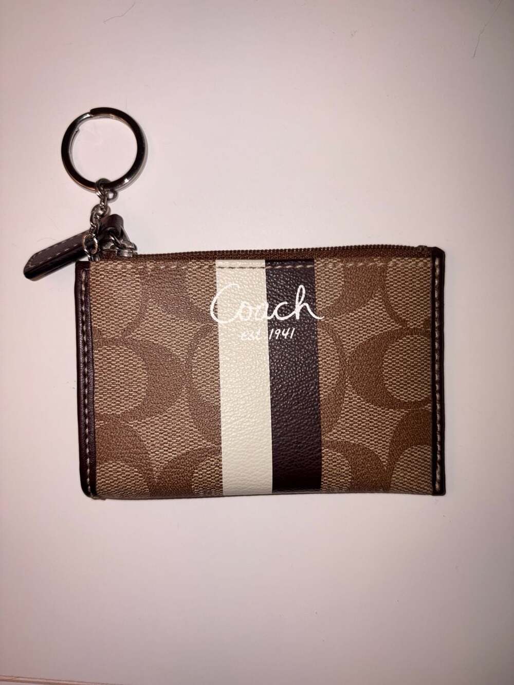 Coach Mini Skinny ID Case in Signature Canvas with Varsity Stripe Brown Khaki